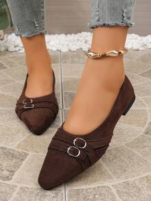 Brown Dual-Metal Buckle Pointed Toe Flat Shoes Women Spring Autumn Vintage Commute Low Vamp Versatile Loafers - Coffee Brown - View 5