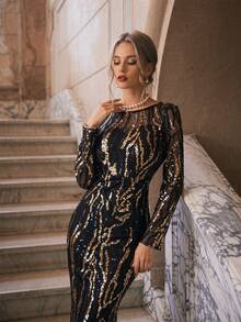 Romagic Round Neck Black & Gold Sequin Elegant Long Evening Gown For Ball - Black - View 2
