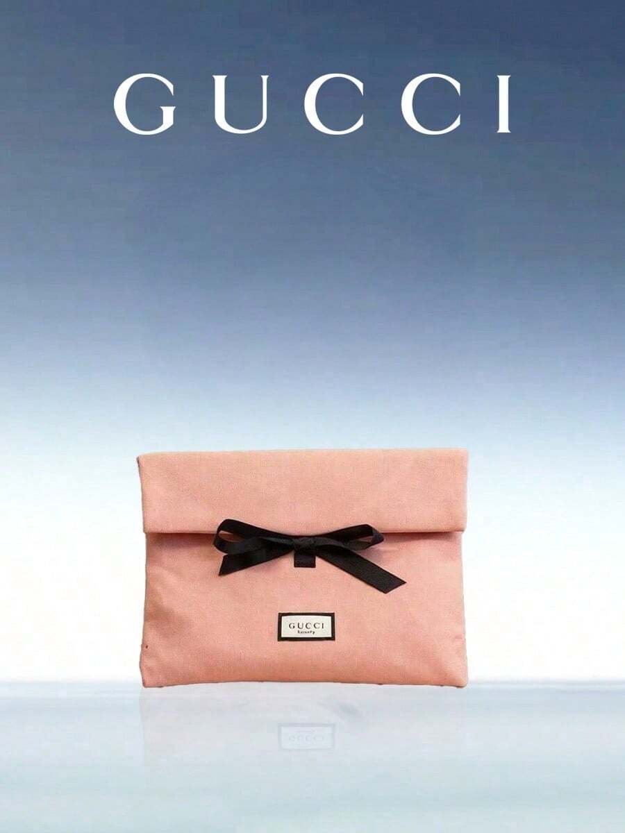 Gucci Pink Linen Texture Cosmetic Bag With Black Bow Decor, Elegant And Sophisticated Beauty Storage Item - Pink - View 1