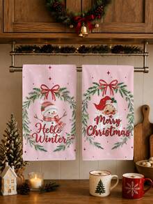 2PCS Kitchen Towels, Christmas Theme Pink Snowman & Santa Claus Pattern Dish Cloths, Minimalist Style 40*60cm Rectangular Microfiber Cleaning Kitchen Towels, Perfect For Kitchen, Dining Room And Bathroom Use, Christmas Kitchen Decor, Home Decor, Neighbor Housewarming Gift, Dish Cloths - Pink - View 1