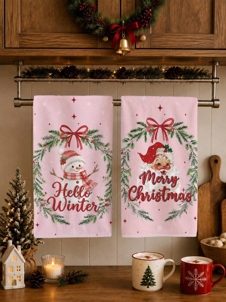 2PCS Kitchen Towels, Christmas Theme Pink Snowman & Santa Claus Pattern Dish Cloths, Minimalist Style 40*60cm Rectangular Microfiber Cleaning Kitchen Towels, Perfect For Kitchen, Dining Room And Bathroom Use, Christmas Kitchen Decor, Home Decor, Neighbor Housewarming Gift, Dish Cloths - Pink - View 1