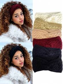 DUOJIAOYAN 1pc Autumn/Winter New Style Cable Knit Outer Layer With Thick Fleece Lining Wide Elastic Hair Band, Suitable For Sports, Cold Protection And Warmth, Hair Band Accessory, Sports Headband - Multicolor - View 1