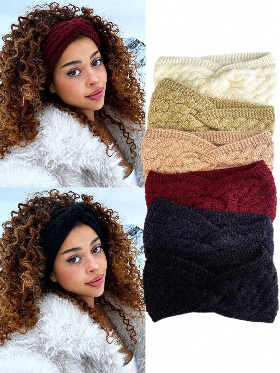 DUOJIAOYAN 1pc Autumn/Winter New Style Cable Knit Outer Layer With Thick Fleece Lining Wide Elastic Hair Band, Suitable For Sports, Cold Protection And Warmth, Hair Band Accessory, Sports Headband - Multicolor - View 1