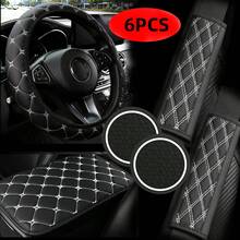 6PCS Car Interior Accessories Set, PU Leather Steering Wheel Cover, Seat Belt Shoulder Pads, Armrest Cushion Cover, Cup Holder Mat Combination Set, Universal Size, All Season Use - Multicolor - View 5