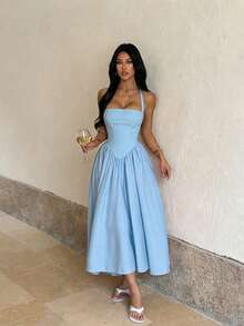 WOWDARK Women Autumn Halter Waisted A-Line Dress - Blue - View 2