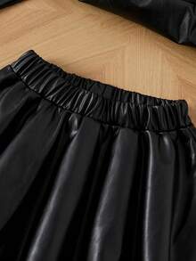 Young Girls 2pcs Set New Fashion Solid Color Minimalist Versatile Black Long Sleeve Zipper Lapel Leather Jacket And Black Knee-Length PU Leather Skirt Outfit - Black - View 8