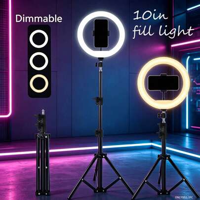 Borriig 10-Inch Adjustable LED Ring Light + 110cm Tripod Stand (Adjustable Height), Multi-Level Brightness, 2-In-1 Phone Holder & Selfie Lighting For Live Streaming & Photography