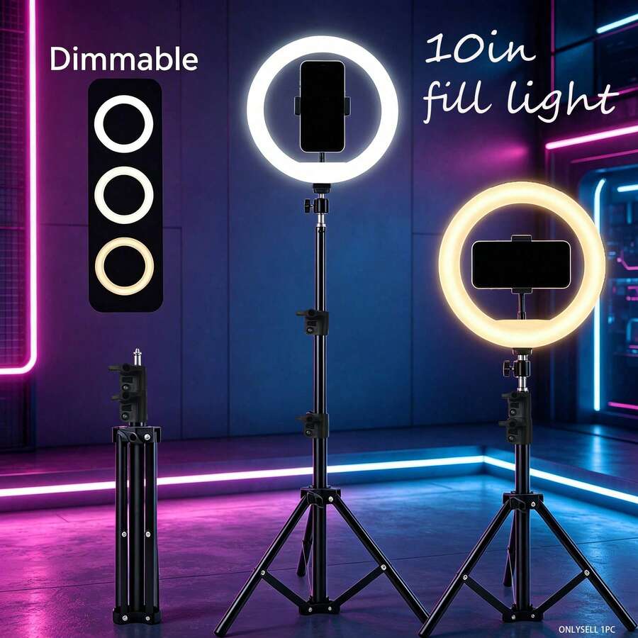 Borriig 10-Inch Adjustable LED Ring Light + 110cm Tripod Stand (Adjustable Height), Multi-Level Brightness, 2-In-1 Phone Holder & Selfie Lighting For Live Streaming & Photography