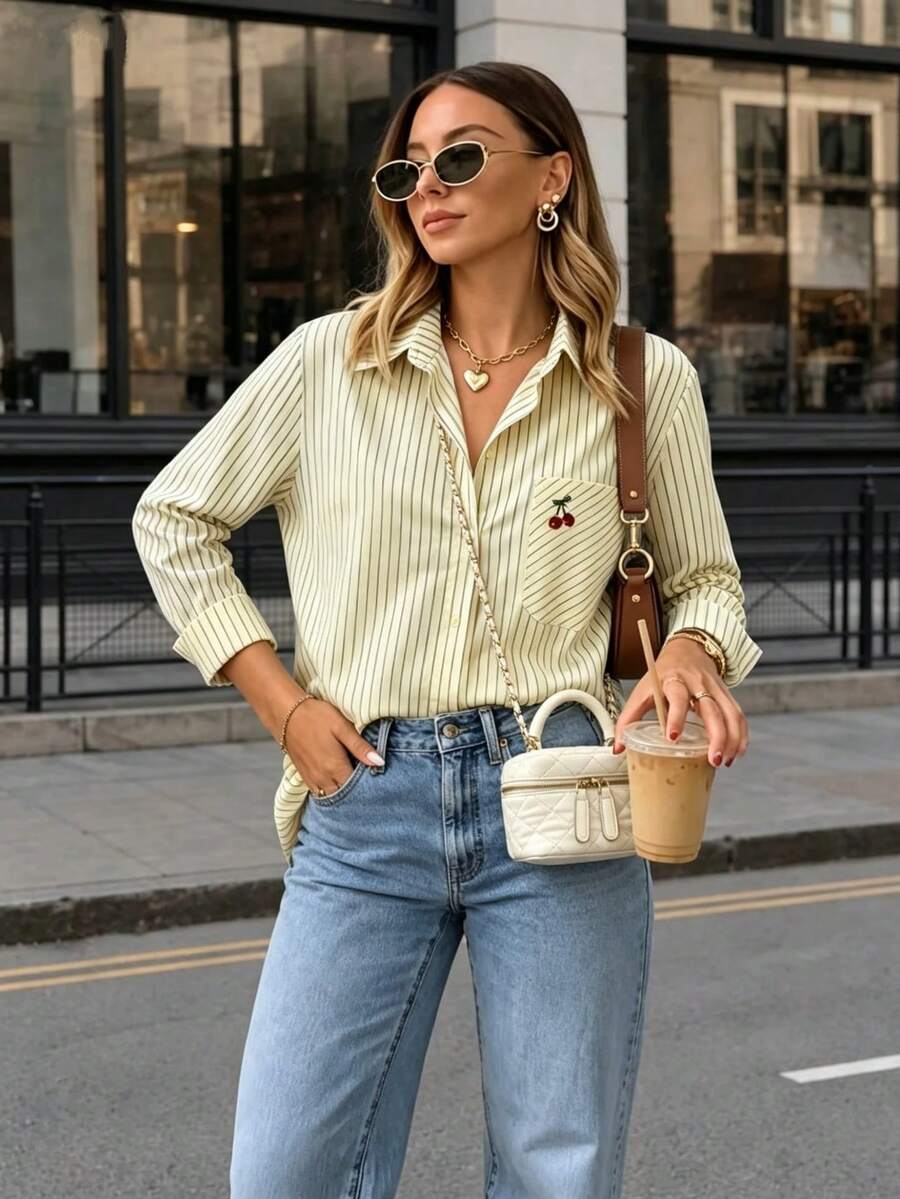 Women's Autumn Solid Color Pocket Embroidered Button Casual Shirt - Light Yellow - View 1