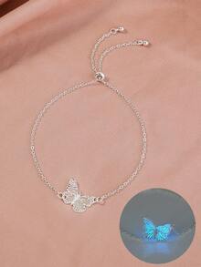 Butterfly Decor Bracelet Women's Adjustable Chain Fashion Versatile Hand Accessory (Requires Light Absorption To Glow) - Silver - View 5
