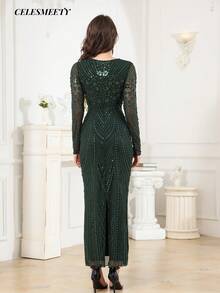 Women's V-Neck Long Sleeve Elegant Emerald Green Beaded Sequin Evening Gown - Green - View 6