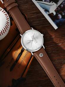TOMI 1pc Boxed Men's Ultra-Thin Minimalist Quartz Watch With Date, PU Leather, Premium Niche Style, Suitable For Daily Wear, Holiday Gift, Year-End Christmas - Brown - View 3