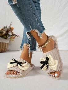 Women's Solid Color Fashion Fabric Bow Knot Comfortable Soft Sole Home Slippers Autumn/Winter One-Strap - Beige - View 8