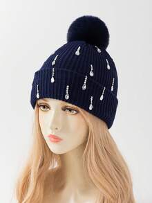1pc Women's Fashion Handmade Rhinestone Raindrop Heavy Embellished Pom Pom Knit Beanie Hat, Suitable For Autumn/Winter Daily Warmth And Travel Outfit - A - View 7