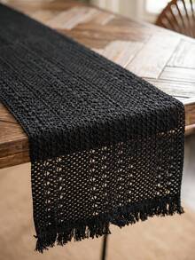 1pc Black Hollow Woven Table Runner, Modern Minimalist Style, Long Strip Shape With Tassel Edge And Hollow Texture Detail Decoration, Functional Dining Table Runner Suitable For Modern Restaurant Decor And Daily Home Decoration Scenes - Black - View 11