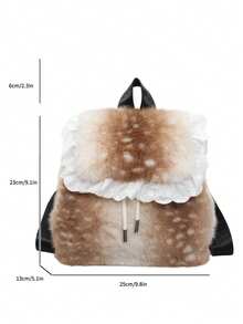 1pc Women's Faux Fur Deer Print Backpack, White Lace Ruffle Drawstring Design, Cute Lolita Style Winter Daily Small Shoulder Bag - Brown - View 7
