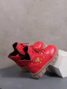Girls Heart Embroidery Ankle Booties, Lace‑Up Side Zip Short Boots, Thick Non‑Slip Sole Kids Fashion Daily Footwear - Red - View 2