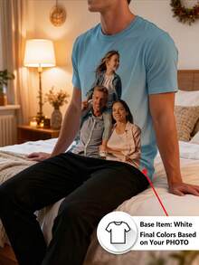 Custom Photo Men's Short Sleeve T-Shirt, Family Photo Print Pattern Casual Home Top, Christmas Birthday Gift For Dad, Husband, His Gift - Mint Blue - View 2