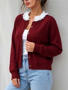Women's Elegant Burgundy Long Sleeve Crew Neck Cardigan, Exquisite Ribbed Design With Contrast Lace Details, Suitable For Winter Wear - Red - View 4