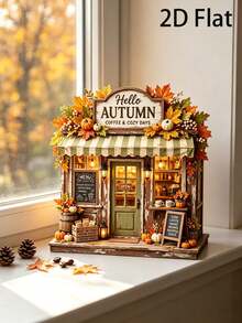 2D Flat Autumn Coffee Shop Decor, 2D Flat, Autumn Farmhouse Style Coffee Bar Decor, Rustic Pumpkin Wooden Storefront Sign, Cozy Autumn Multi-Layer Tray Decor - Multicolor - View 3