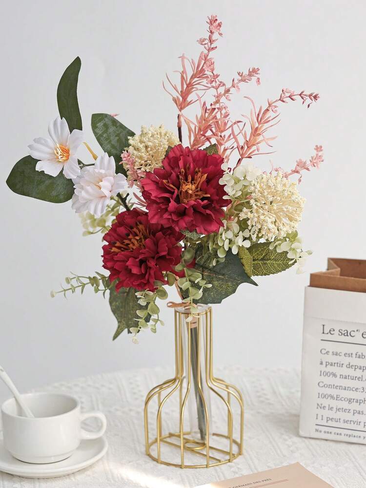 1 Bunch Artificial Flowers, Including Artificial Peony, New Lily Grass, Daisy And Eucalyptus Leaves, Realistic Touch, Suitable For Vase, Home, Hotel Room, Wedding Decoration, Table Centerpiece, Autumn Decoration, Bridal Bouquet - Red Pink - View 5