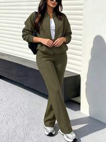 2pcs Casual Solid Color Sweatshirt Jacket Top And Straight Pants Set, Soft Fleece Fabric, Suitable For Spring, Autumn And Winter Elegant - Green 88# - View 5
