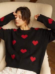Knit Mix 優雅女款秋冬時尚法式簡約日常居家休閒寬鬆針織紅色愛心圖案圓領長袖套頭毛衣上衣 - 黑色 - 查看 5