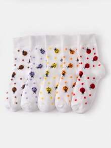 5 Pairs Random White Cartoon Ladybug Mid-Calf Socks For Women, Playful Fresh Girly Style Breathable Casual Socks For Spring And Autumn - White - View 2