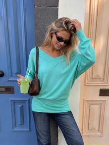 FOR BEAUTY Women's Mint Green Y2K Loose Cold Shoulder V-Neck Long Sleeve Knit Sweater, Suitable For Outings, Parties And Campus Fall - Light Blue - View 7