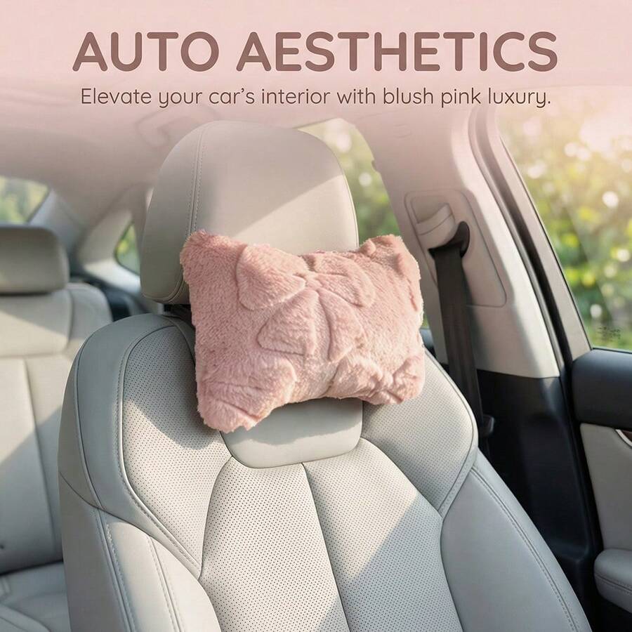 1pc Bowknot Plush Car Neck Pillow Faux Rabbit Fur Headrest, Ergonomic Design, All-Season Use, Women's Car Interior Accessory - A - View 1