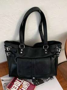 Women Tote Shoulder Bag Solid PU Leather With Metal Buckle Front Pocket Large Capacity Vintage Style For Women Daily Commute - Multicolor - View 8
