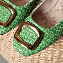 Women's Square Toe Crocodile Embossed Flat Slip-On Shoes With Metal Square Buckle Decor, Soft Sole Commuter Shoes - Green - View 8