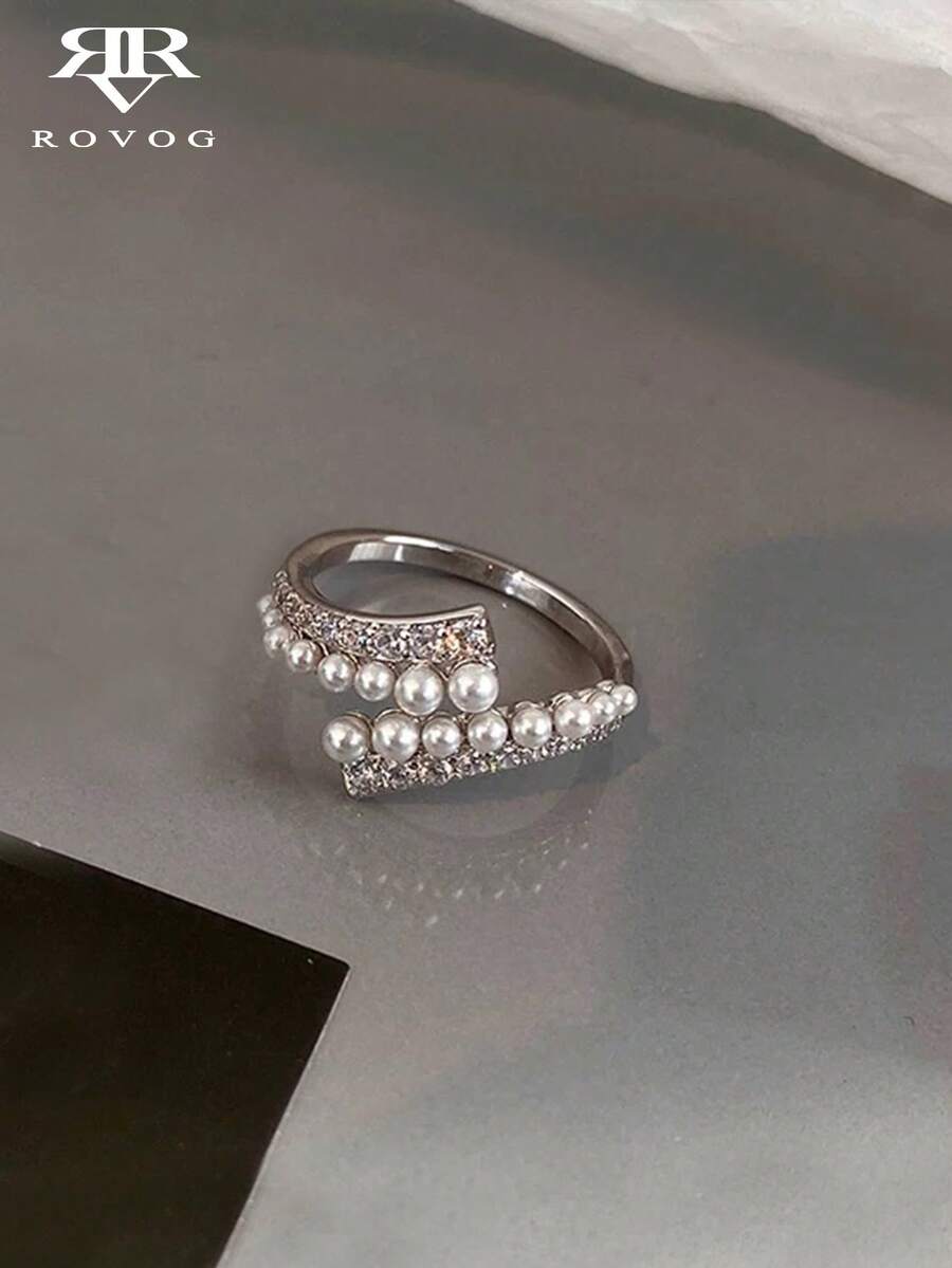1pc Fashionable Luxury Cubic Zirconia Faux Pearl Open Ring Suitable For Women's Party And Gathering Wear