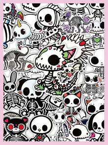 50Pcs Halloween Skeleton Decoration Stickers Gothic Cartoon‑Skull Themed Stickers, Cute Animal Skeleton Waterproof Decals, Scrapbooking & Journaling Stationery Decor - Multicolor - View 1