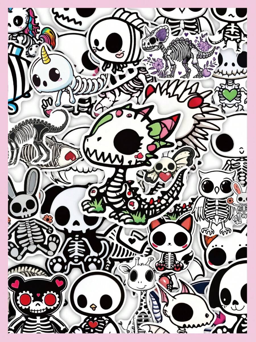 50Pcs Halloween Skeleton Decoration Stickers Gothic Cartoon‑Skull Themed Stickers, Cute Animal Skeleton Waterproof Decals, Scrapbooking & Journaling Stationery Decor - Multicolor - View 1