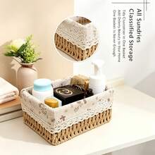 Nordic Fabric & Wicker Storage Basket, Desktop Organizer For Sundries, Coffee Table, Keys, Toys, Home Storage Box, 1pc - View 2