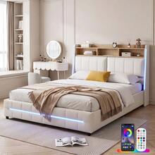 Modern Double Bed Frame 137x190cm, Upholstered Platform Bed With RGB LED Headboard And Storage Shelf, White Bed With Wood Slats, APP & Remote Control LED Lights, No Box Spring Required - White - View 11