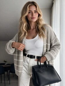 Women's Lazy Elegant Light Gray Autumn/Winter Striped V-Neck Knit Cardigan, Loose Drop Shoulder Long Sleeve Buttonless Sweater Jacket, Soft Skin-Friendly Fabric, Daily Commute And Outing Outfit - Khaki - View 7
