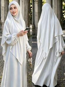 Modest Abaya Two‑Piece Set, Bubble Long Sleeve Maxi Dress With Matching Hijab, Casual Loose Muslim Women Outfit - Multicolor - View 9