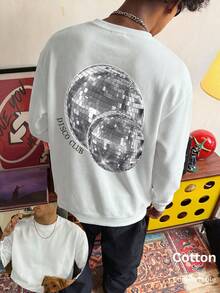 Autumn Men's Thin Crewneck Sweatshirt With Disco Ball Print And DISCO CLUB Text, Back Large Graphic, Silver Design,Y2K - White - View 3