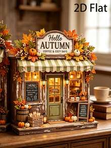 2D Flat Autumn Coffee Shop Decor, 2D Flat, Autumn Farmhouse Style Coffee Bar Decor, Rustic Pumpkin Wooden Storefront Sign, Cozy Autumn Multi-Layer Tray Decor - Multicolor - View 5