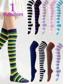 1 Pair Random Cosplay Lolita Personalized Striped School Style Over-The-Knee Socks - Multicolor - View 8