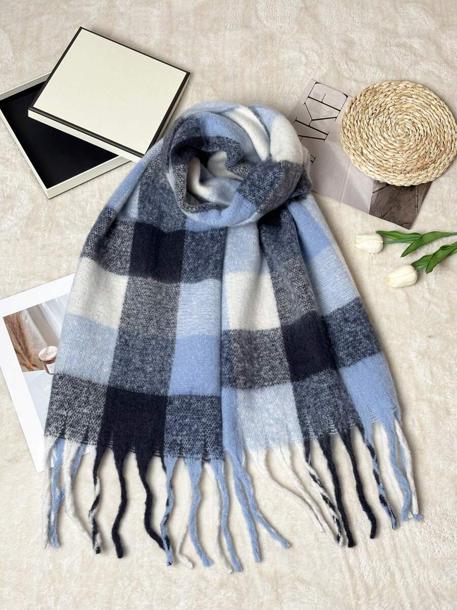 1pc Black & Grey Plaid Women's Scarf, Rectangular Tassel Scarf Suitable For Autumn/Winter Daily Use - Dogtail Navy Blue and White Plaid - View 1