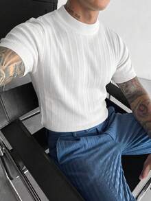 Men's Classic Half-High Neck Vertical Striped Short Sleeve Sweater, Suitable For Daily Theme Events And Business Dinners - White - View 6