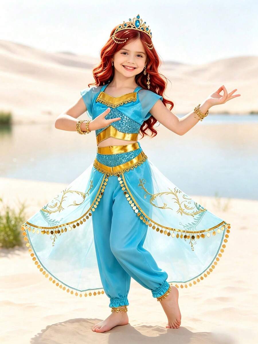 Bộ trang phục dự tiệc cho bé gái: Áo hai dây ngắn đính sequin phối màu tương phản và quần dài lưới ghép mảnh. - Nhiều màu - Xem 1