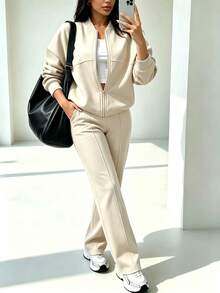 2pcs Casual Solid Color Sweatshirt Jacket Top And Straight Leg Pants Set, Soft Fleece Fabric, Suitable For Spring, Autumn And Winter Elegant - Apricot - View 4