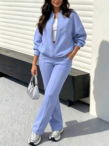 2pcs Casual Solid Color Sweatshirt Jacket Top And Straight Leg Pants Set, Soft Fleece Fabric, Suitable For Spring, Autumn And Winter Elegant - Light Blue 109# - View 2