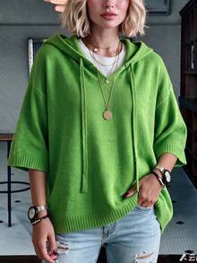 Plus Size Women's Hooded Knit Pullover Sweater, Drawstring Design, 3/4 Regular Sleeve, Loose Fit, Suitable For Casual Wear - Green - View 6