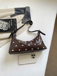 Fashion Studded PU Shoulder Bag, Adjustable Strap Zipper Closure, Multi-Functional Shoulder Bag/Handbag, Suitable For College, Commuting, Shopping, Walking And Daily Use - Coffee Brown - View 6