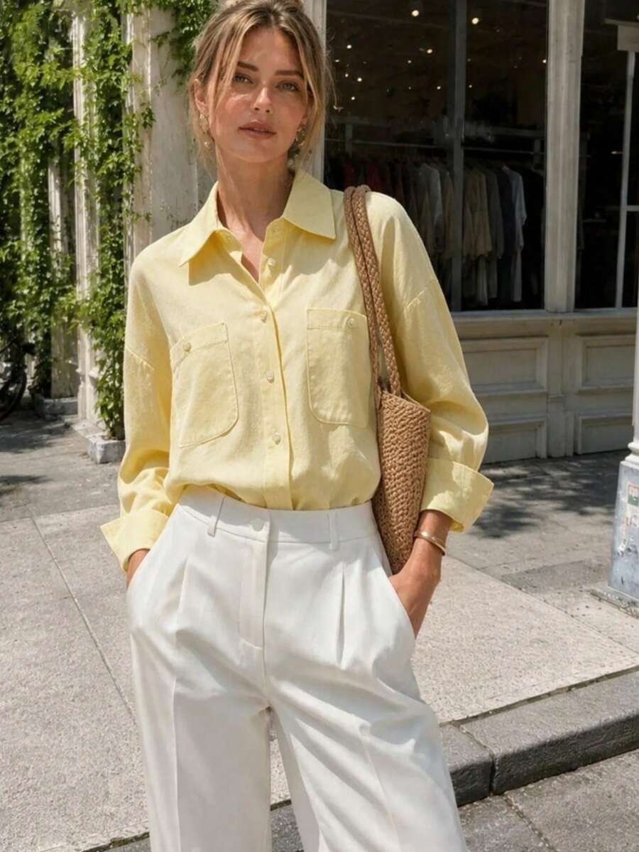 Women's Casual Solid Color Loose Fit Long Sleeve Shirt Spring Yellow - Yellow - View 1